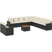 vidaXL 12-tlg. Garten-Sofagarnitur mit Kissen Schwarz Poly Rattan