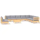 vidaXL 11-tlg. Garten-Lounge-Set mit Grauen Kissen Massivholz Kiefer