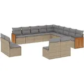 vidaXL 13-tlg. Garten-Sofagarnitur mit Kissen Beige Poly Rattan