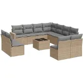 vidaXL 12-tlg. Garten-Sofagarnitur mit Kissen Beige Poly Rattan