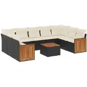 vidaXL 10-tlg. Garten-Sofagarnitur mit Kissen Schwarz Poly Rattan