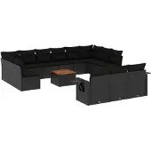 vidaXL 14-tlg. Garten-Sofagarnitur mit Kissen Schwarz Poly Rattan
