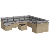 vidaXL 12-tlg. Garten-Sofagarnitur mit Kissen Beige Poly Rattan