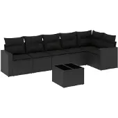 vidaXL 7-tlg. Garten-Sofagarnitur mit Kissen Schwarz Poly Rattan