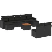 vidaXL 10-tlg. Garten-Sofagarnitur mit Kissen Schwarz Poly Rattan