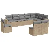 vidaXL 10-tlg. Garten-Sofagarnitur mit Kissen Beige Poly Rattan