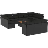 vidaXL 14-tlg. Garten-Sofagarnitur mit Kissen Schwarz Poly Rattan