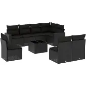 vidaXL 9-tlg. Garten-Sofagarnitur mit Kissen Schwarz Poly Rattan