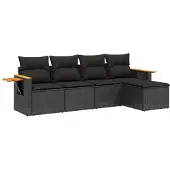 vidaXL 5-tlg. Garten-Sofagarnitur mit Kissen Schwarz Poly Rattan