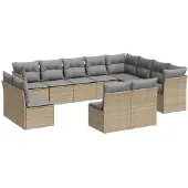 vidaXL 12-tlg. Garten-Sofagarnitur mit Kissen Beige Poly Rattan