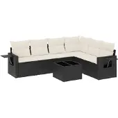 vidaXL 7-tlg. Garten-Sofagarnitur mit Kissen Schwarz Poly Rattan