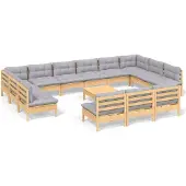 vidaXL 14-tlg. Garten-Lounge-Set mit Grauen Kissen Kiefer Massivholz