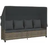 vidaXL Sonnenliege mit Dach und Kissen Grau Poly Rattan
