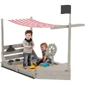 Outsunny SANDKASTEN Sandkiste groß mit Abdeckung im Schiff Design Matschekiste aus Holz
