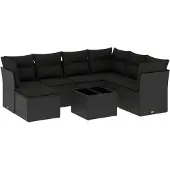 vidaXL 8-tlg. Garten-Sofagarnitur mit Kissen Schwarz Poly Rattan