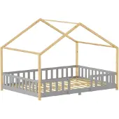 En.casa Kinderbett ’Treviolo‘ in Haus-Optik mit Rausfallschutz Kiefernholz 120 x 200 cm Hellgrau / Weiß