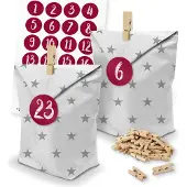 Itenga SET Adventskalender 24 x Tüten Sterne + Klammern + Zahlensticker (Z49)