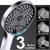 Famanu Handbrause mit Schlauch, große Regendusche, druckerhöhend, 3 Strahlarten, schwarz/chrom