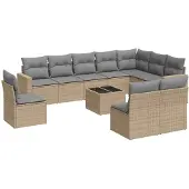 vidaXL 11-tlg. Garten-Sofagarnitur mit Kissen Beige Poly Rattan