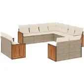 vidaXL 11-tlg. Garten-Sofagarnitur mit Kissen Beige Poly Rattan