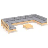 vidaXL 11-tlg. Garten-Lounge-Set mit Grauen Kissen Kiefer Massivholz