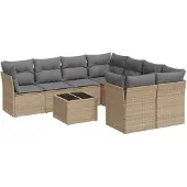 vidaXL 9-tlg. Garten-Sofagarnitur mit Kissen Beige Poly Rattan