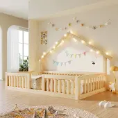 Kein Hersteller Hausbett 90x200, Rausfallschutz, LED-Lichterkette, Bodenbett, Sicherheitsgitter (Natur)