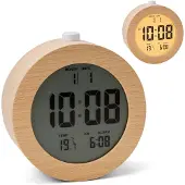Relaxdays Wecker digital, Holz, mit Datums- & Temperaturanzeige, Snooze-Funktion, Licht, runder Digitalwecker, natur