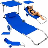 Lean Klappbarer Garten-Strandliegestuhl auf Rädern mit Baldachin aus Metall in Blau