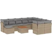 vidaXL 11-tlg. Garten-Sofagarnitur mit Kissen Beige Poly Rattan