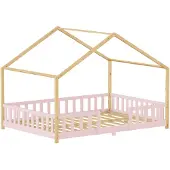 En.casa Kinderbett ’Treviolo‘ in Haus-Optik mit Rausfallschutz Kiefernholz 140 x 200 cm Rosa / Natur