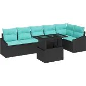 vidaXL Gartensofa-set 7 stk. Schwarz und Blau Poly-Rattan