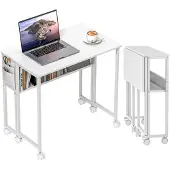 HOMCOM Schreibtisch Klappbar Kleiner 80 cm Klappschreibtisch mit Rollen Weiß