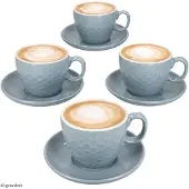 MamboCat 4er Set Hexa Kaffeetassen mit Untertassen Blau Keramik Relief 4 Personen