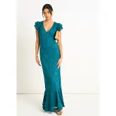 Gini London Grünes Jersey-Spitzen-Maxikleid mit V-Ausschnitt und Rüschen