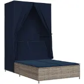 vidaXL Doppel-Sonnenliege mit Dach und Vorhängen Grau Poly Rattan