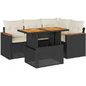 vidaXL 5tlg. Garten-Sofagarnitur mit Kissen Schwarz Poly Rattan Akazie