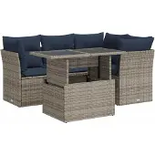 vidaXL 5-tlg. Garten-Sofagarnitur mit Kissen Grau Poly Rattan Akazie