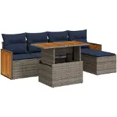 vidaXL 6-tlg. Garten-Sofagarnitur mit Kissen Grau Poly Rattan Akazie