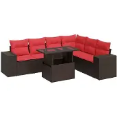 vidaXL 7-tlg. Garten-Sofagarnitur mit Kissen Braun Poly Rattan Akazie