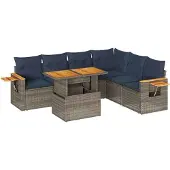 vidaXL 7-tlg. Garten-Sofagarnitur mit Kissen Grau Poly Rattan Akazie