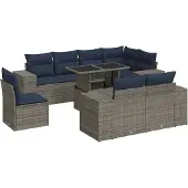 vidaXL 9-tlg. Garten-Sofagarnitur mit Kissen Grau Poly Rattan Akazie