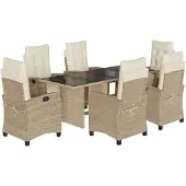 vidaXL 7-tlg. Garten-Essgruppe mit Kissen Beige Poly Rattan