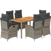 vidaXL 7-tlg. Garten-Essgruppe mit Kissen Grau Poly Rattan