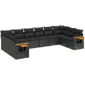 vidaXL 10-tlg. Garten-Sofagarnitur mit Kissen Schwarz Poly Rattan