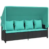 vidaXL Sonnenliege mit Dach und Kissen Schwarz Poly Rattan