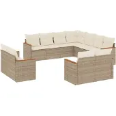 vidaXL 11-tlg. Garten-Sofagarnitur mit Kissen Beige Poly Rattan