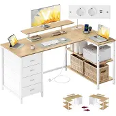 Vasagle Eckschreibtisch L-Form weizengelb-mattweiß 140x80 cm USB LWD172YD01
