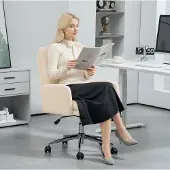 MODFU Bürostuhl aus Polyester in Cremeweiß, höhenverstellbar mit Wippfunktion