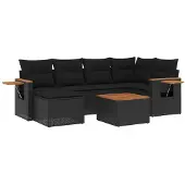 vidaXL 7-tlg. Garten-Sofagarnitur mit Kissen Schwarz Poly Rattan